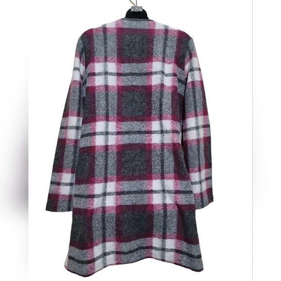 Max Studio Gray Red White Open Front Plaid Coat Woolblend Sz Large - Picture 2 of 7